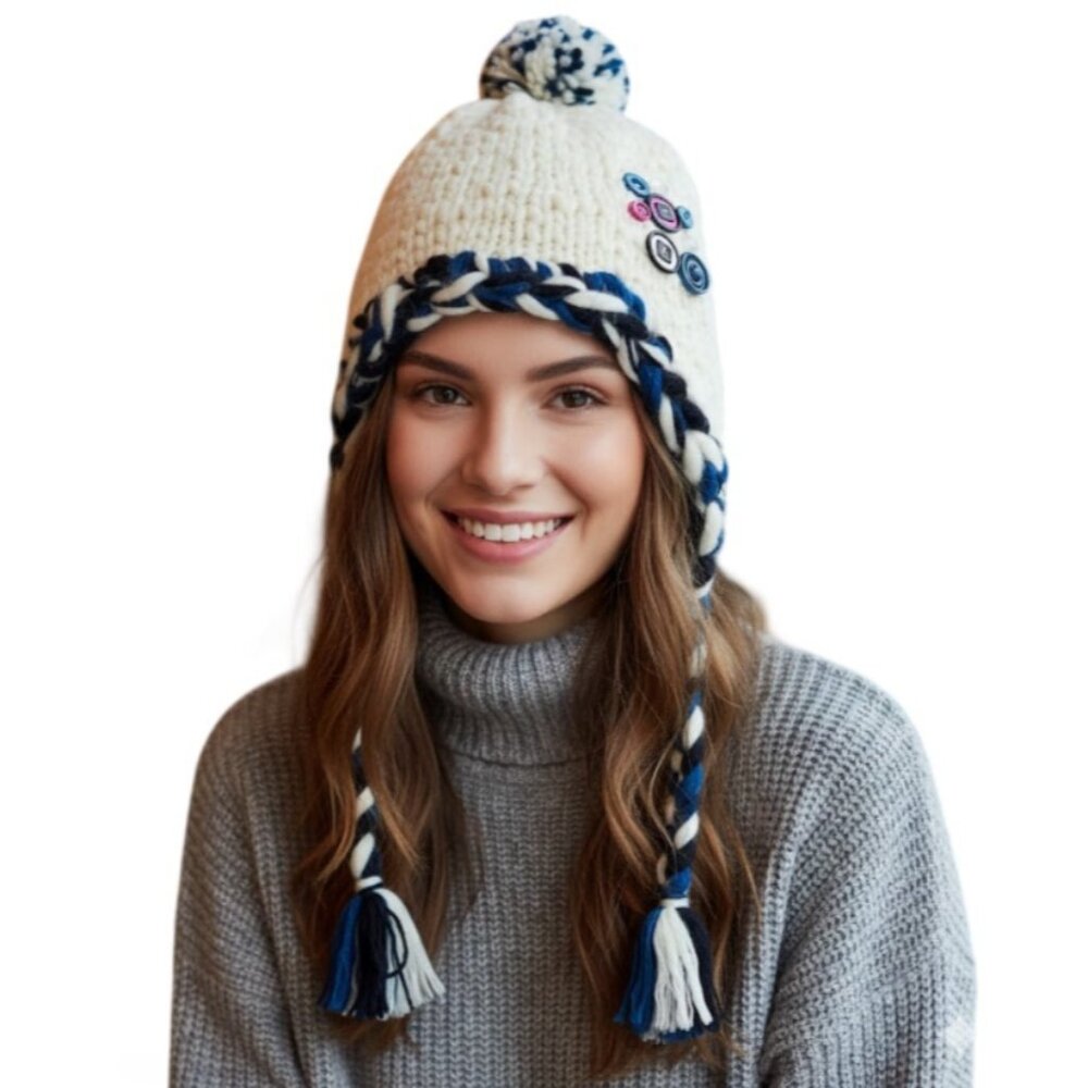 AMERICAN RAG Ivory Ribbon & Button Crafty Trapper Women Cold Weather Fashion Hat